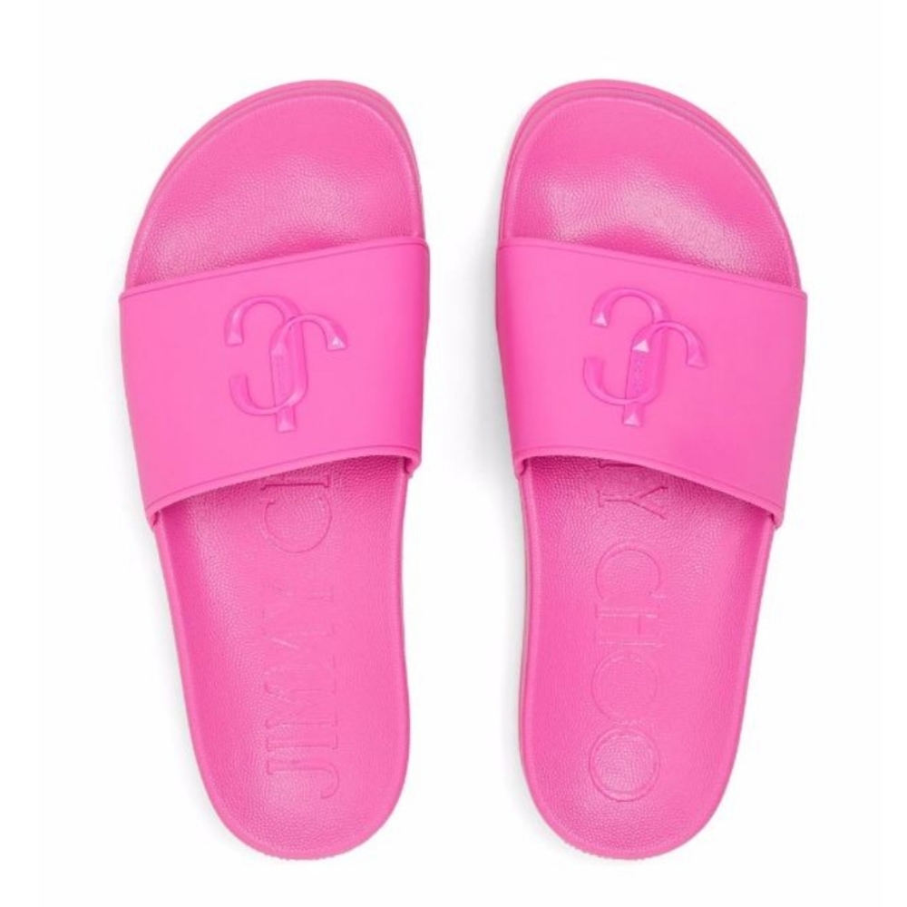Jimmy Choo Logo Port Pool Slide Sandals Neon Pink
